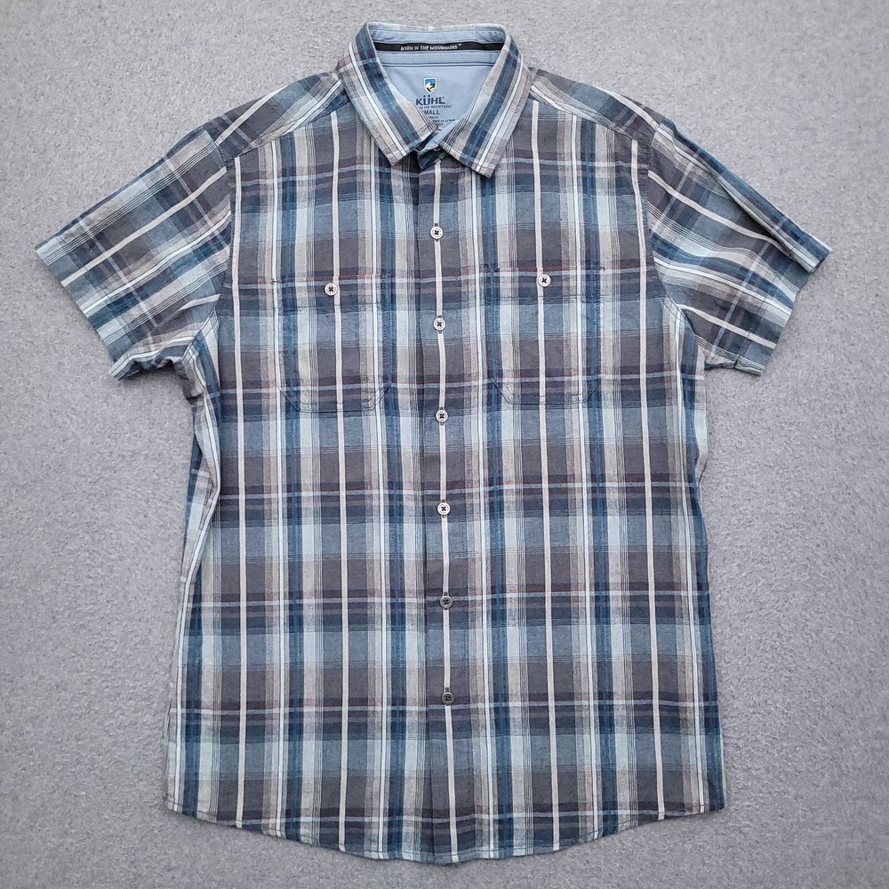 Kuhl Skorpio Shirt Mens Small Gorpcore Linen Blend Button Up Blue Plaid